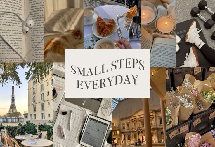 Mood board wallpaper 2024 iPad Collage with coffee, croissants, books, Paris view, candles, dumbbells, flowers, and Small Steps Everyday text. | Sky Rye Design Collage with coffee, croissants, books, Paris view, candles, dumbbells, flowers, and Small Steps Everyday text.