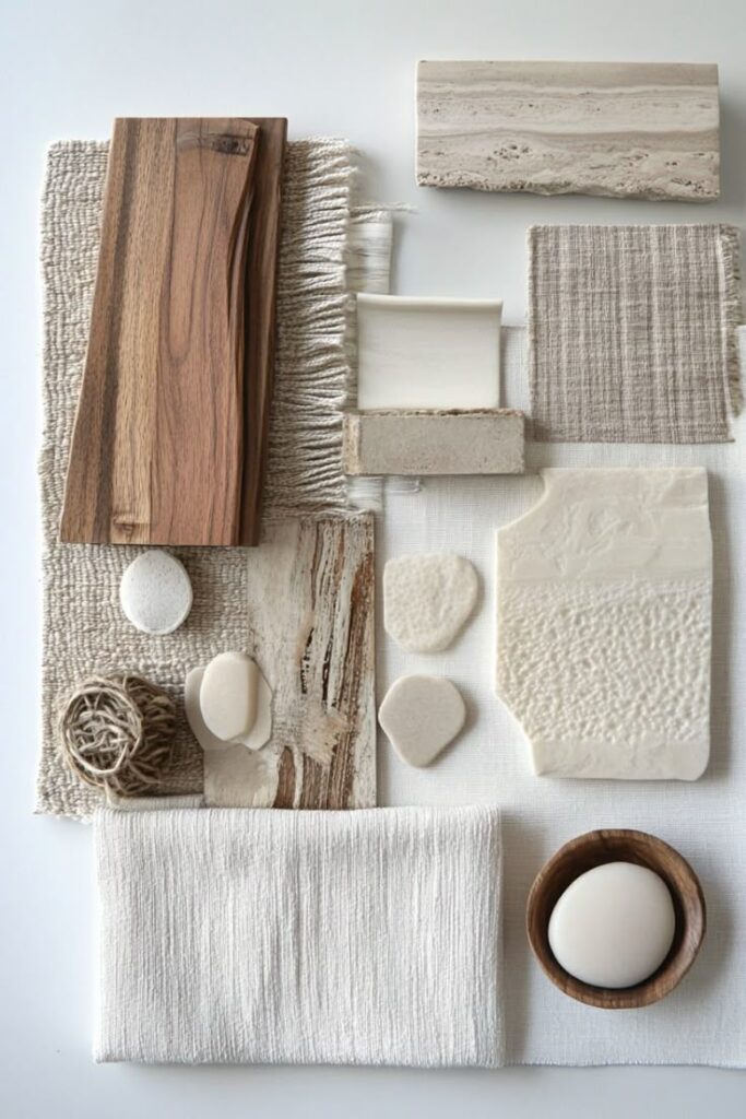 Neutral color palette with wood, fabric, and stone textures arranged aesthetically for interior design inspiration.