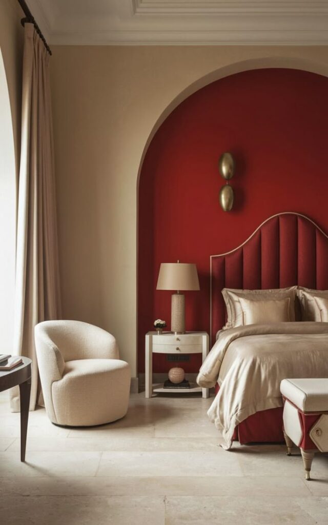 Elegant bedroom with red accent wall, cream chair, and modern decor, creating a cozy, sophisticated ambiance.