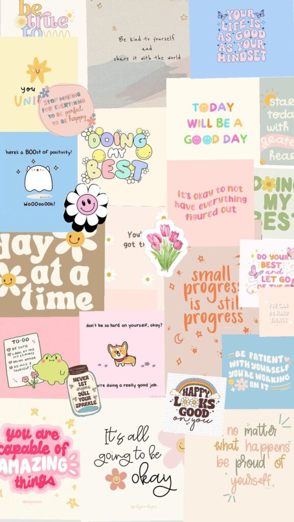 Collage of motivational quotes with colorful designs and positive messages for encouragement and self-care.