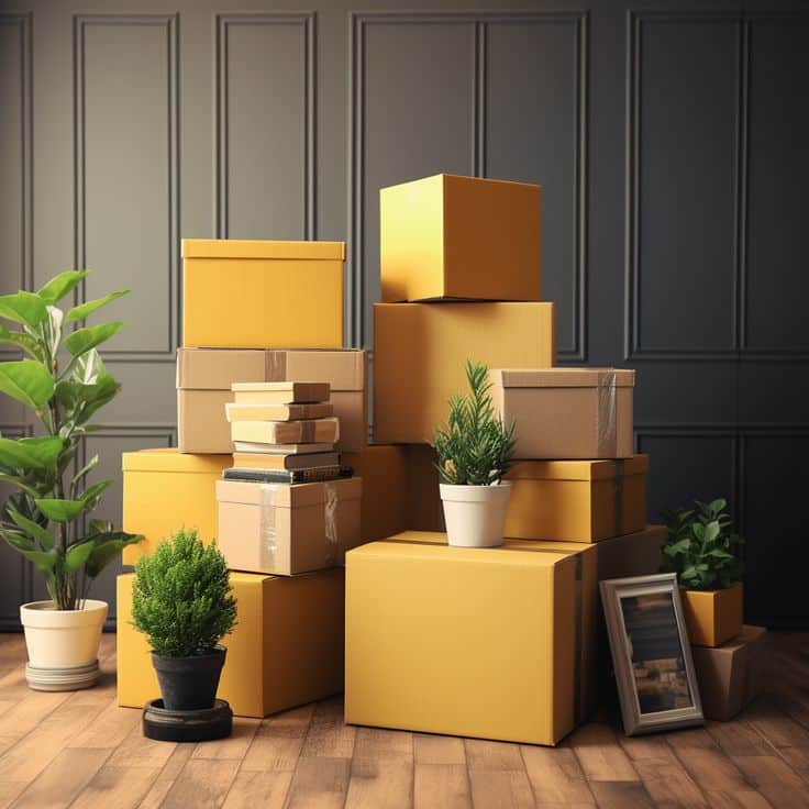 Stacked moving boxes and potted plants in a stylish room, ready for relocation.