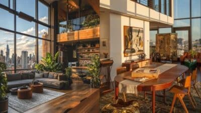 Luxurious living and dining area with panoramic city views, featuring modern furniture and abundant natural light.