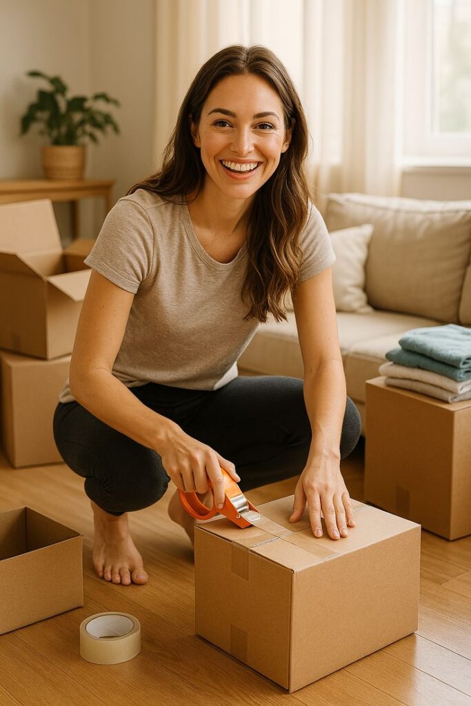 Woman packing cardboard boxes at home, smiling. Moving or organizing concept. Cozy interior, bright atmosphere.