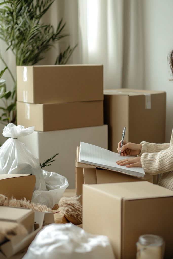 Person writing in a notepad surrounded by moving boxes, plants, and packing materials.