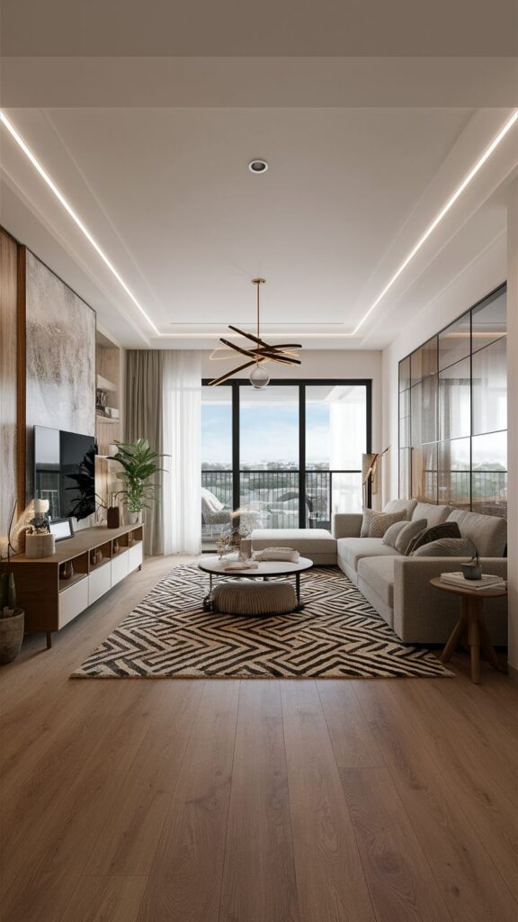 Modern living room with cozy sofas, patterned rug, and large windows overlooking the city skyline for a serene atmosphere.