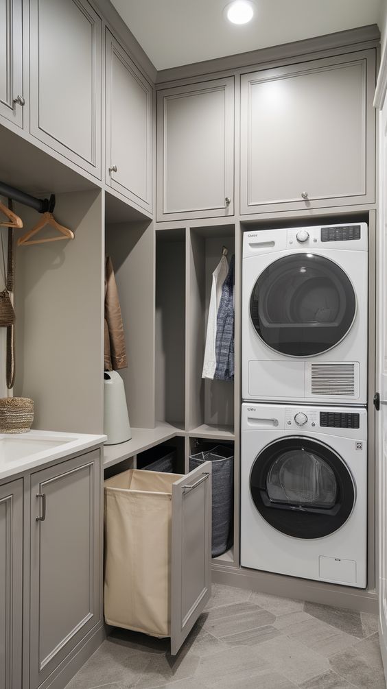 Modern laundry room with stacked washer and dryer, gray cabinets, and storage solutions.