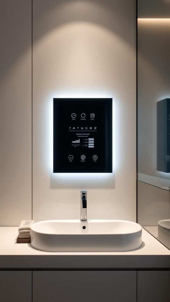 Modern bathroom sink with illuminated smart mirror displaying icons, white countertop and folded towels.