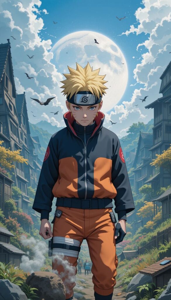 Anime character in ninja attire stands confidently under a bright full moon in a traditional village setting.