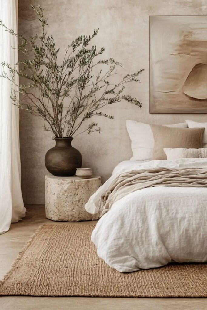 Minimalist bedroom with earthy tones, featuring a potted plant, cozy bed, and textured rug for a serene ambiance.