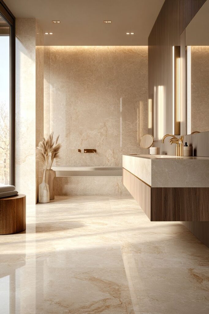 Luxurious modern bathroom with marble finish, natural lighting, and elegant fixtures.