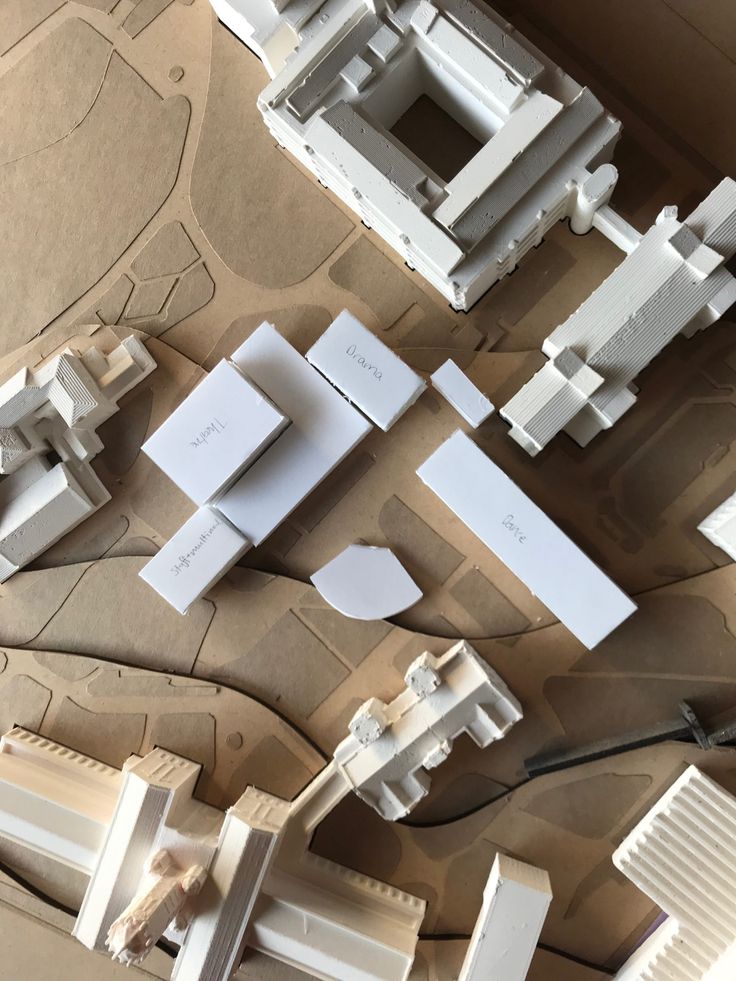 Architectural model of a complex layout featuring labeled structures, viewed from above, on a brown base.