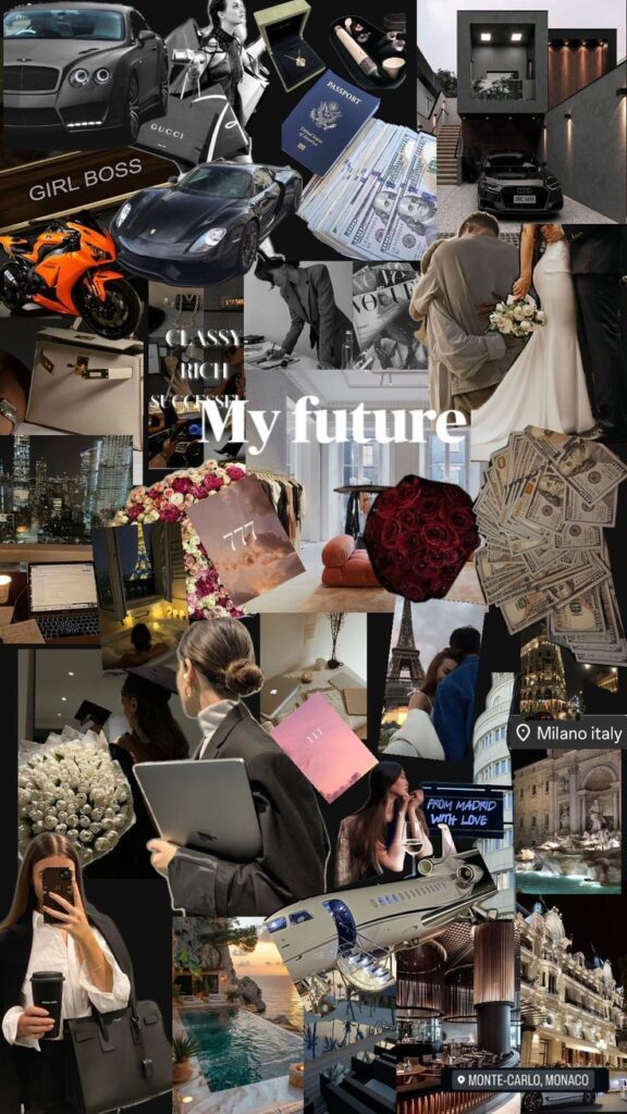 Vision board collage with luxury cars, travel, fashion, and weddings, titled My Future.