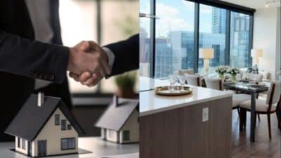 Handshake over house models next to luxury apartment interior with city view, symbolizing real estate deal.