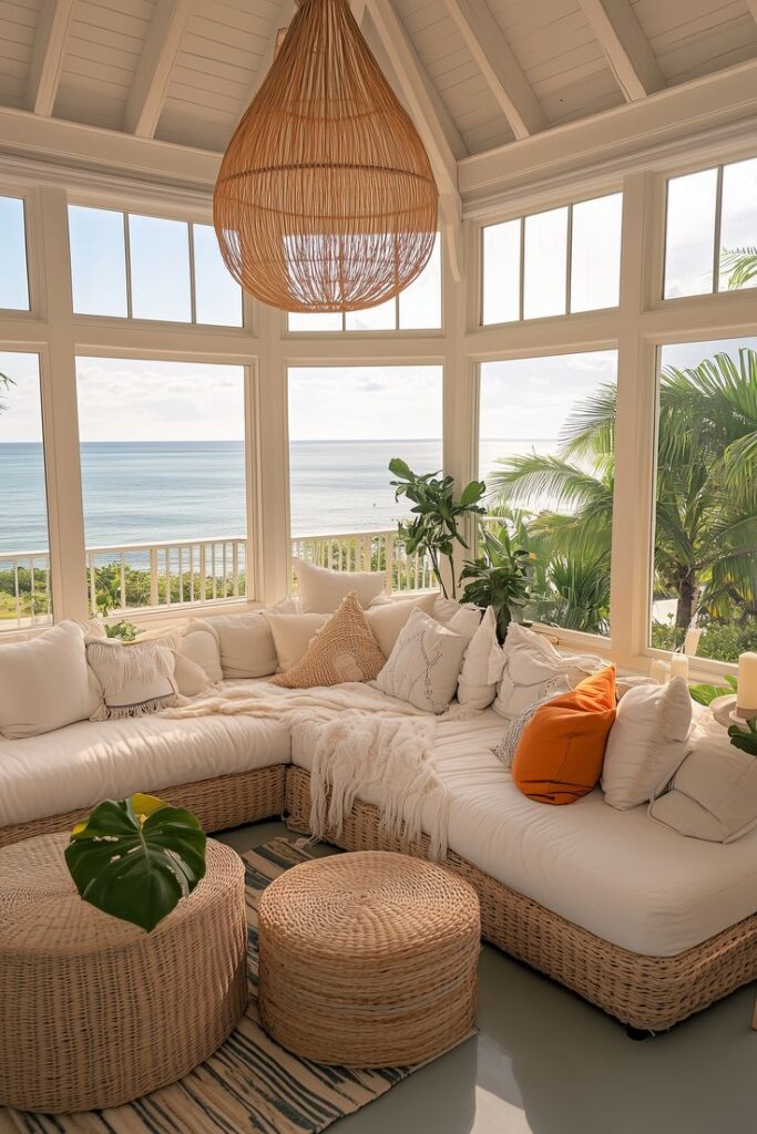 Cozy coastal living room with wicker furniture, plush pillows, and ocean view windows. Tranquil beach house ambiance.