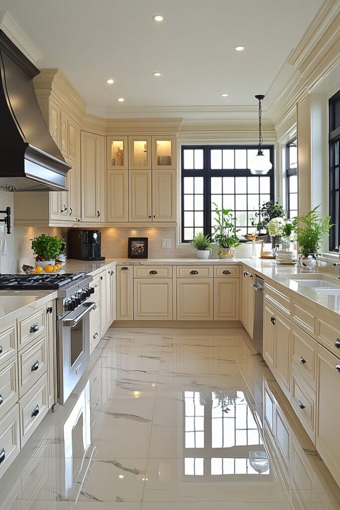 Neutral tones bring a calming and joyful vibe to Modern kitchen with cream cabinets, marble floor, stainless steel appliances, and large windows for natural light. | Sky Rye Design Modern kitchen with cream cabinets, marble floor, stainless steel appliances, and large windows for natural light.