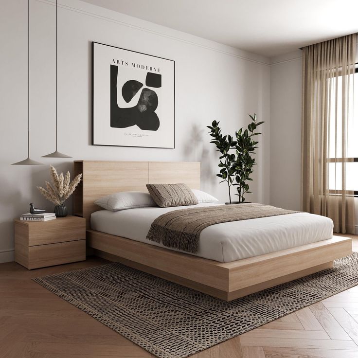 Minimalist bedroom with wooden furniture, modern decor, and a large window letting in natural light.
