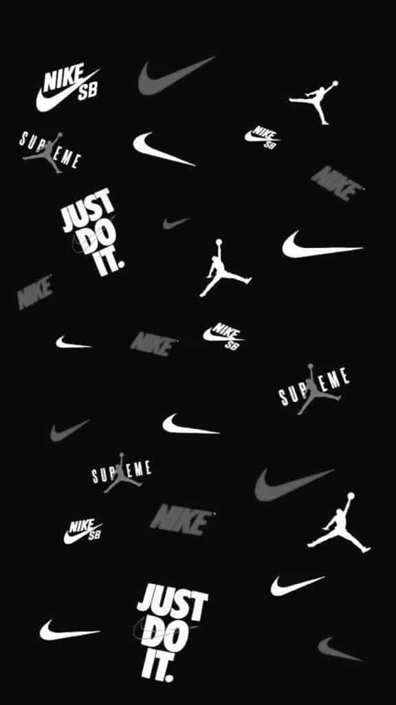 Collage of Nike, Supreme logos, Just Do It slogan, and Air Jordan silhouettes on a black background.
