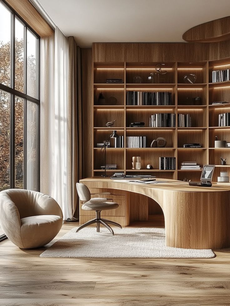Modern home office with curved wooden desk, large bookshelf, armchair, and window view, in warm, natural tones.