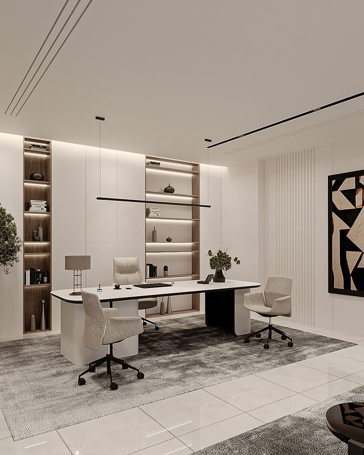 Modern office with minimalist design, featuring sleek desk, chairs, and built-in shelves with decor and soft lighting.