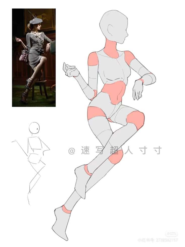 Fashion model pose reference with sketched figure, inspired by vintage style outfit and hat.