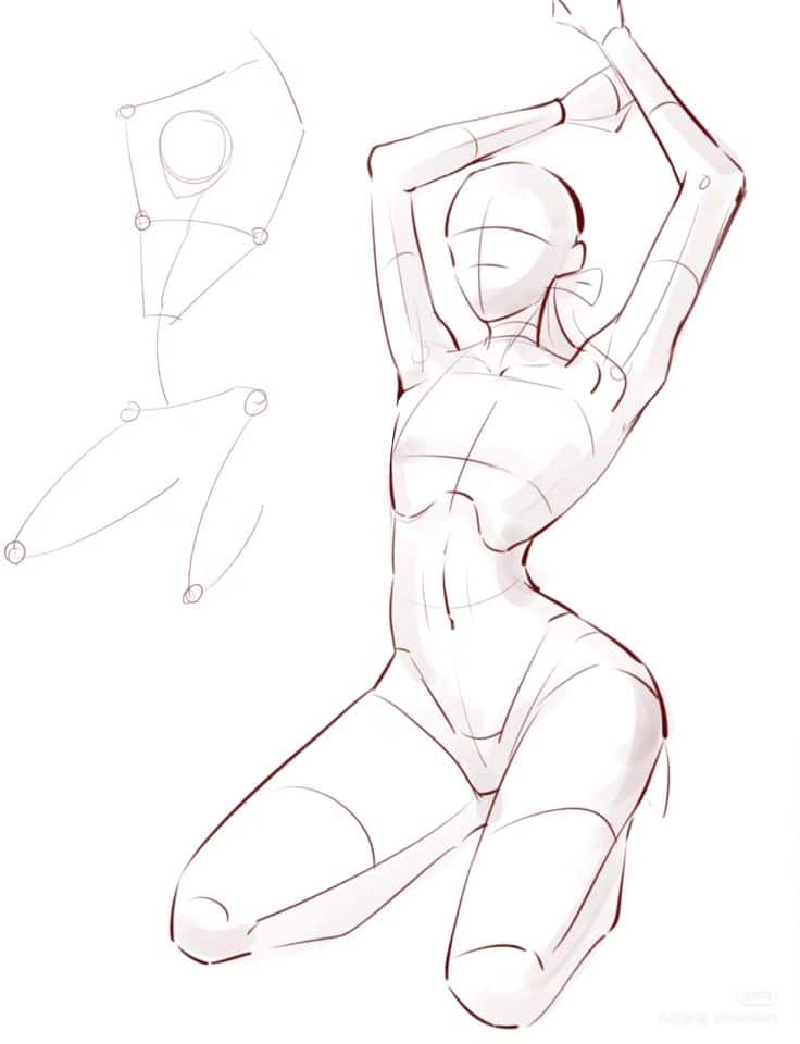 Artistic sketch of a kneeling humanoid figure with guide lines, showcasing anatomy and pose techniques.