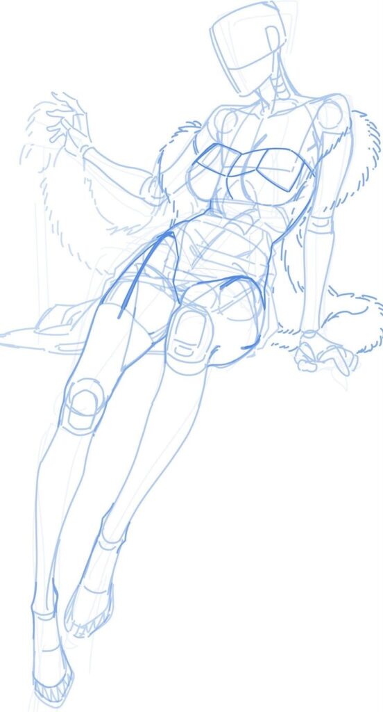 Sketch of a futuristic mannequin in a dynamic pose wearing a fur coat, with intricate mechanical details.