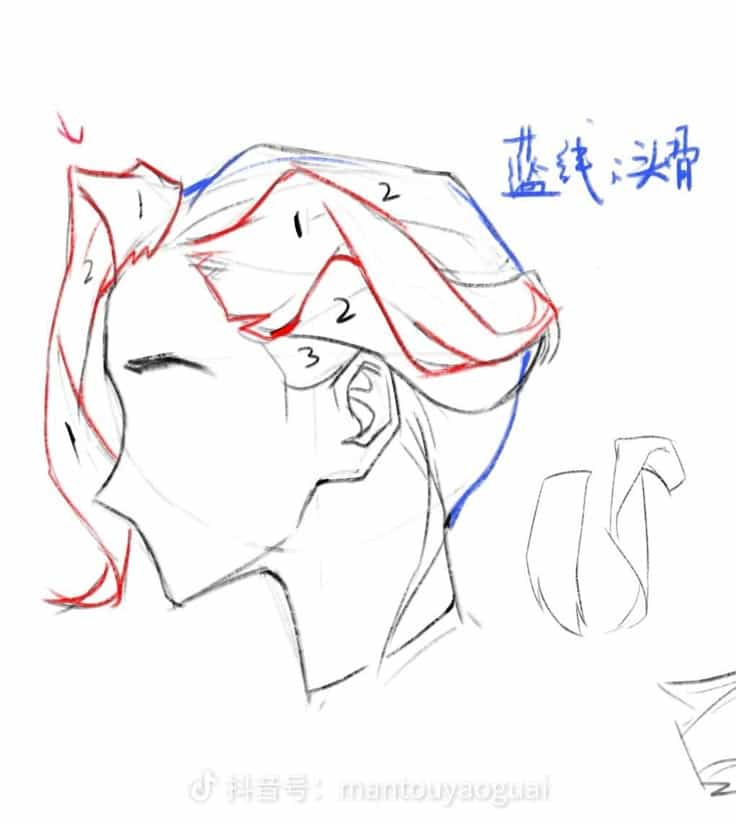 Illustration of a stylized side profile of a person with detailed hair drawing instructions.