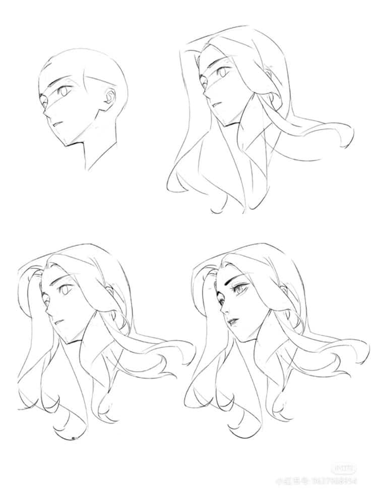 Anime character head sketches showing hair and profile variations.