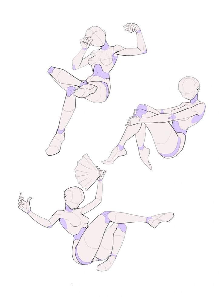 Three dynamic mannequin poses for art reference, highlighting key body movement and proportion areas.