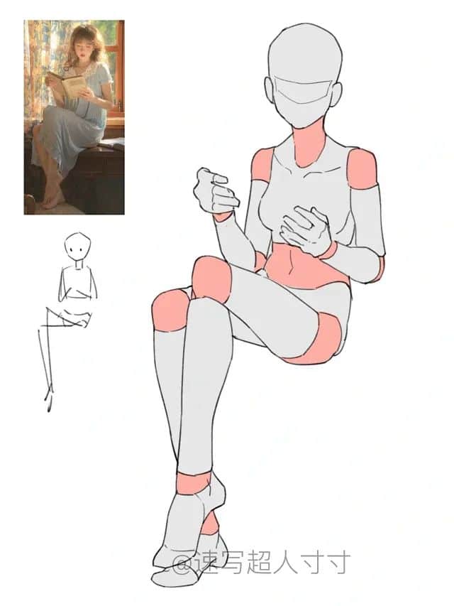 Drawing tutorial: woman reading, seated pose reference with simplified anatomy guides OC Art Base