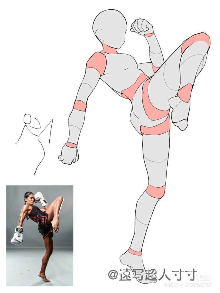 Illustration of a fighter in a high kick pose, inspired by a reference photo of a martial artist in action.