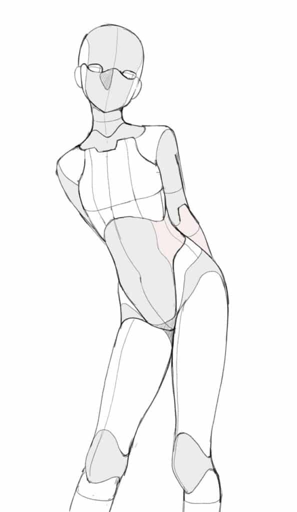 Sketch of a humanoid figure in a dynamic pose, highlighting anatomy with basic shapes and outlines. OC Art Base