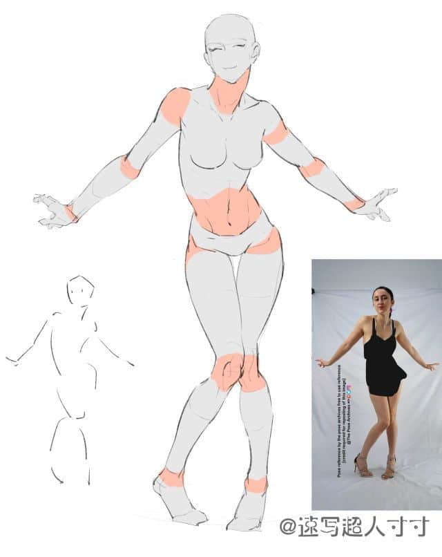 Artistic figure sketch with highlighted areas and reference photo of a woman in a black dress posing similarly.