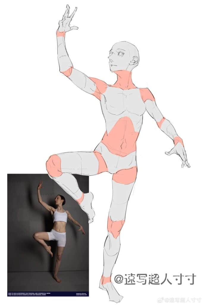 Art reference: Dancer pose sketch overlaying a photo, highlighting key anatomy and movement.