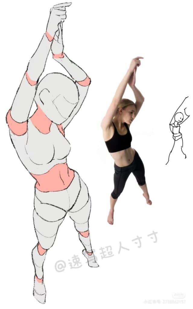 Woman posing with arms raised, next to corresponding anatomical figure sketch. Fitness and art concept.