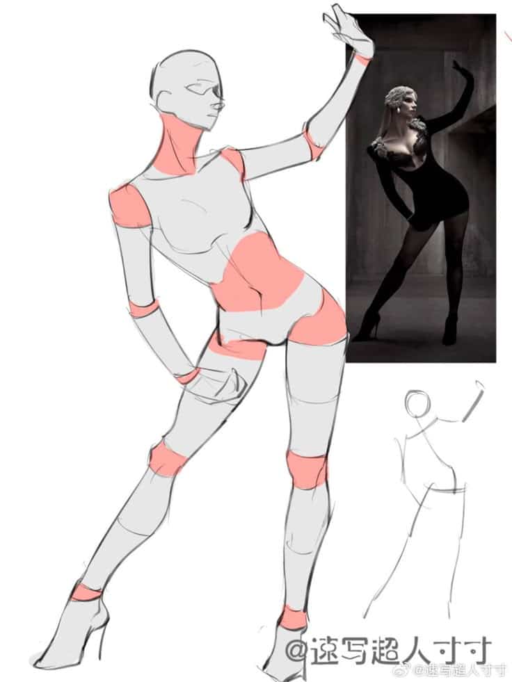 Sketch of a posed mannequin with reference photo of a model in a fashionable dress, showcasing artistic design.