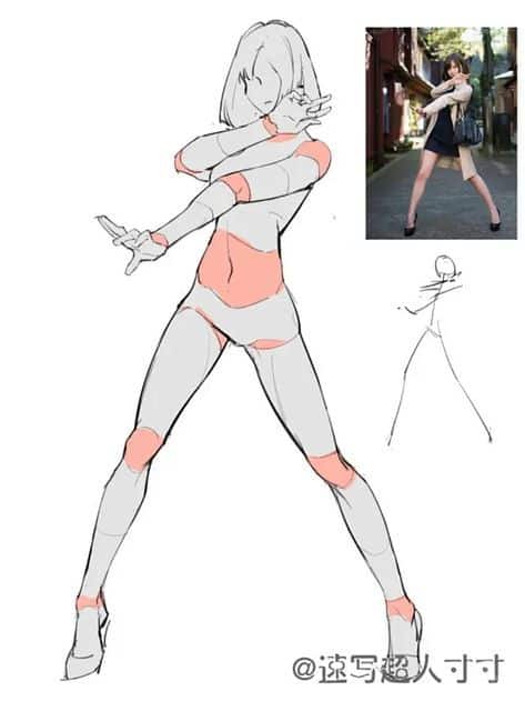 Drawing study of a dynamic pose with figure outline and reference photo in background.