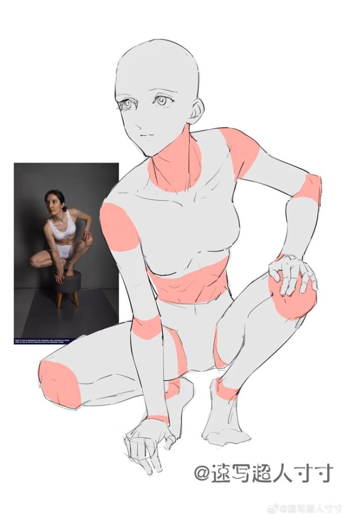 Sketch of a person in a squatting pose with corresponding photo reference in inset.