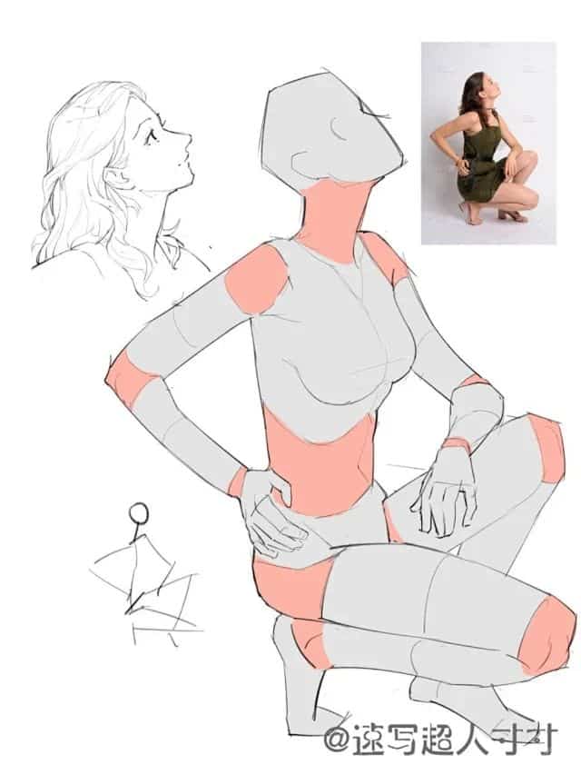 Illustration showing a woman posing, with an inset reference photo for sketching and anatomy practice.