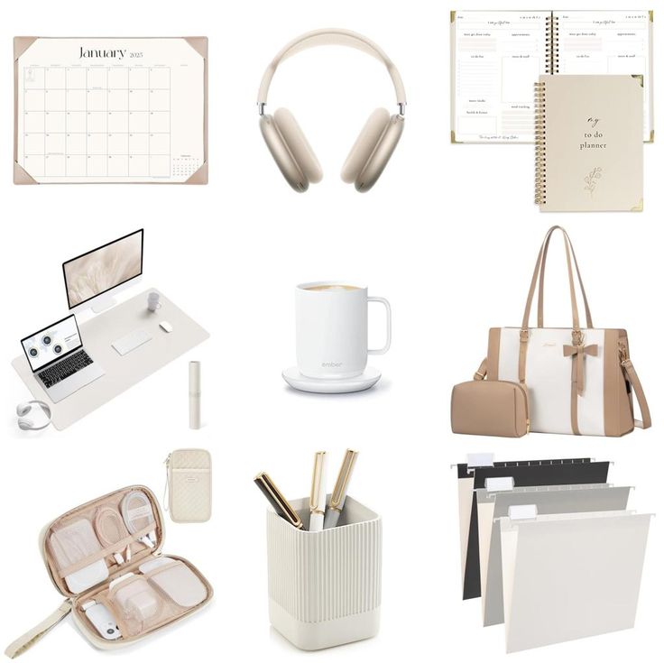 Minimalist office supplies collection: calendar, headphones, planner, laptop, mug, bag, organizer, pen holder, file folders.