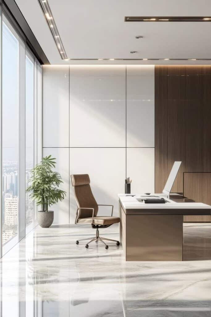 Office Space in Dubai 2 Modern office with sleek desk, ergonomic chair, large window views, and a decorative plant for a contemporary workspace. | Sky Rye Design Modern office with sleek desk, ergonomic chair, large window views, and a decorative plant for a contemporary workspace.