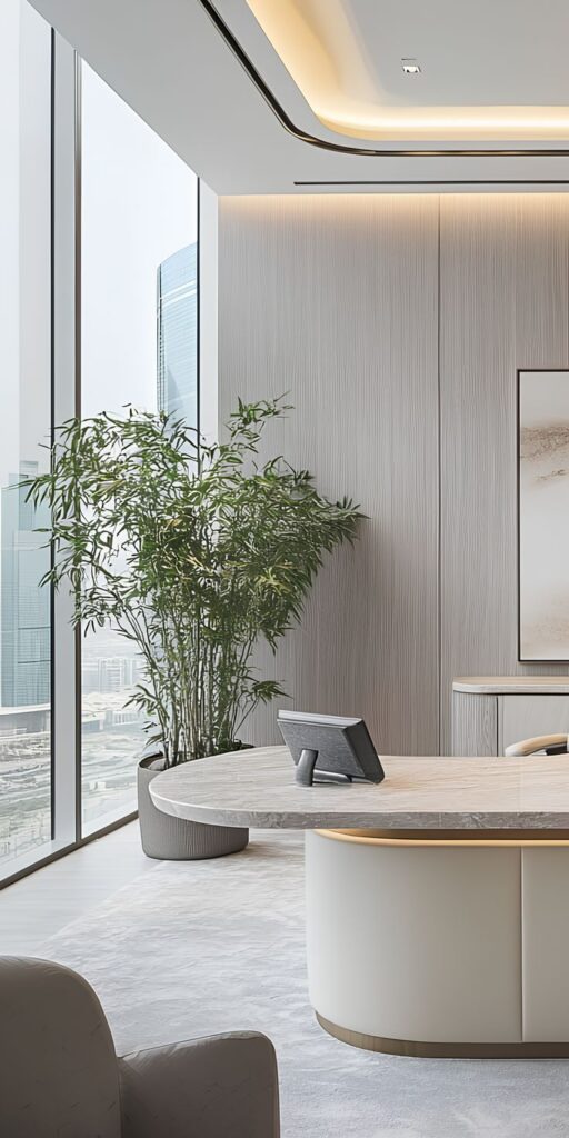 Modern office with a sleek desk, large window view, and indoor plant for a stylish, natural workspace ambiance.