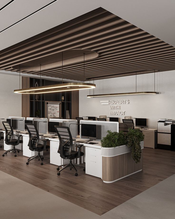 Modern open office with sleek desks, ergonomic chairs, wood accents, and green plants, featuring Experts with Impact sign.
