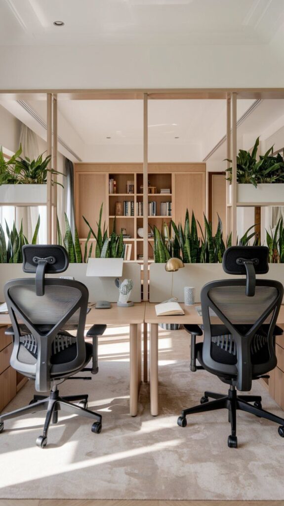 Modern office setup with ergonomic chairs, wooden desks, indoor plants, and a bookshelf background.