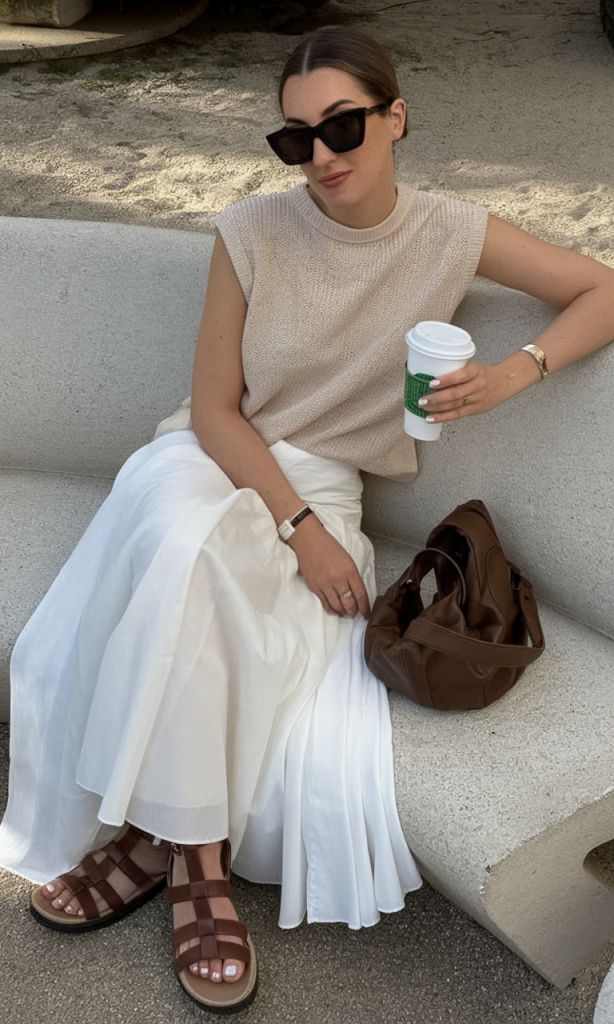 Woman in sunglasses with coffee, wearing beige top and white skirt, sitting on a bench with brown bag.