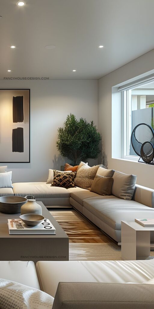 Modern living room with beige sectional sofa, abstract art, and cozy decor. Natural light from window enhances warm ambiance.