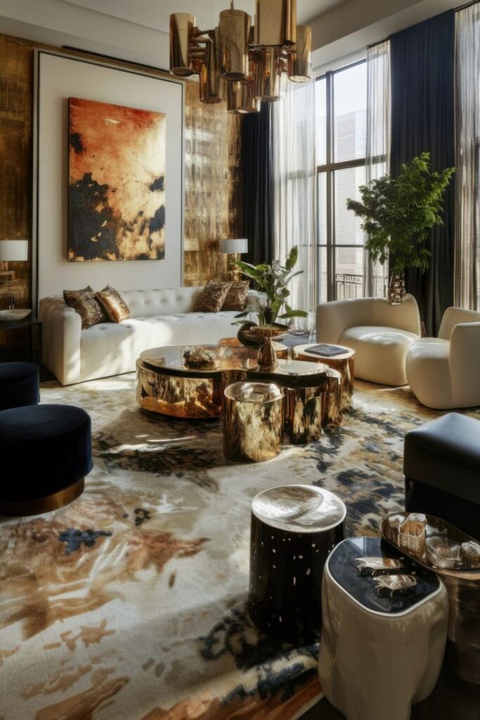 Luxurious modern living room with elegant furniture, abstract art, and a statement chandelier.