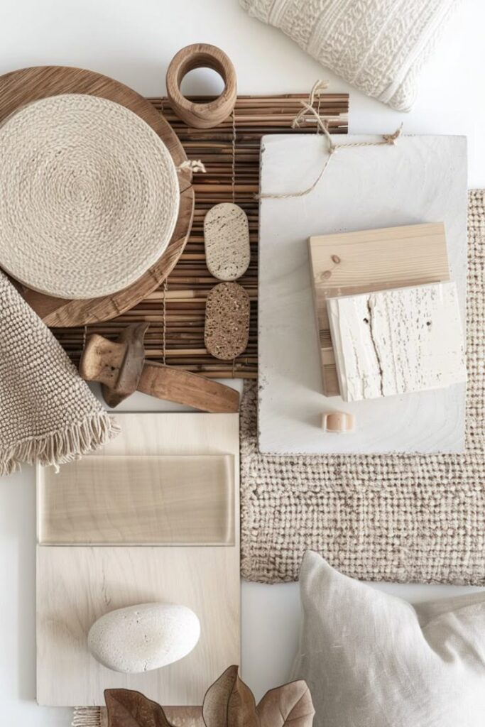 Neutral-toned home decor materials arranged aesthetically on a surface, featuring textures like wood, fabric, and stone.