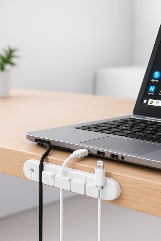 Laptop on desk with cable organizer managing black and white cords neatly.