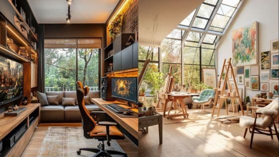 Other Uses for Garage Beside Storage Modern home office and art studio with large windows, natural light, plants, and creative workspaces. | Sky Rye Design Modern home office and art studio with large windows, natural light, plants, and creative workspaces.